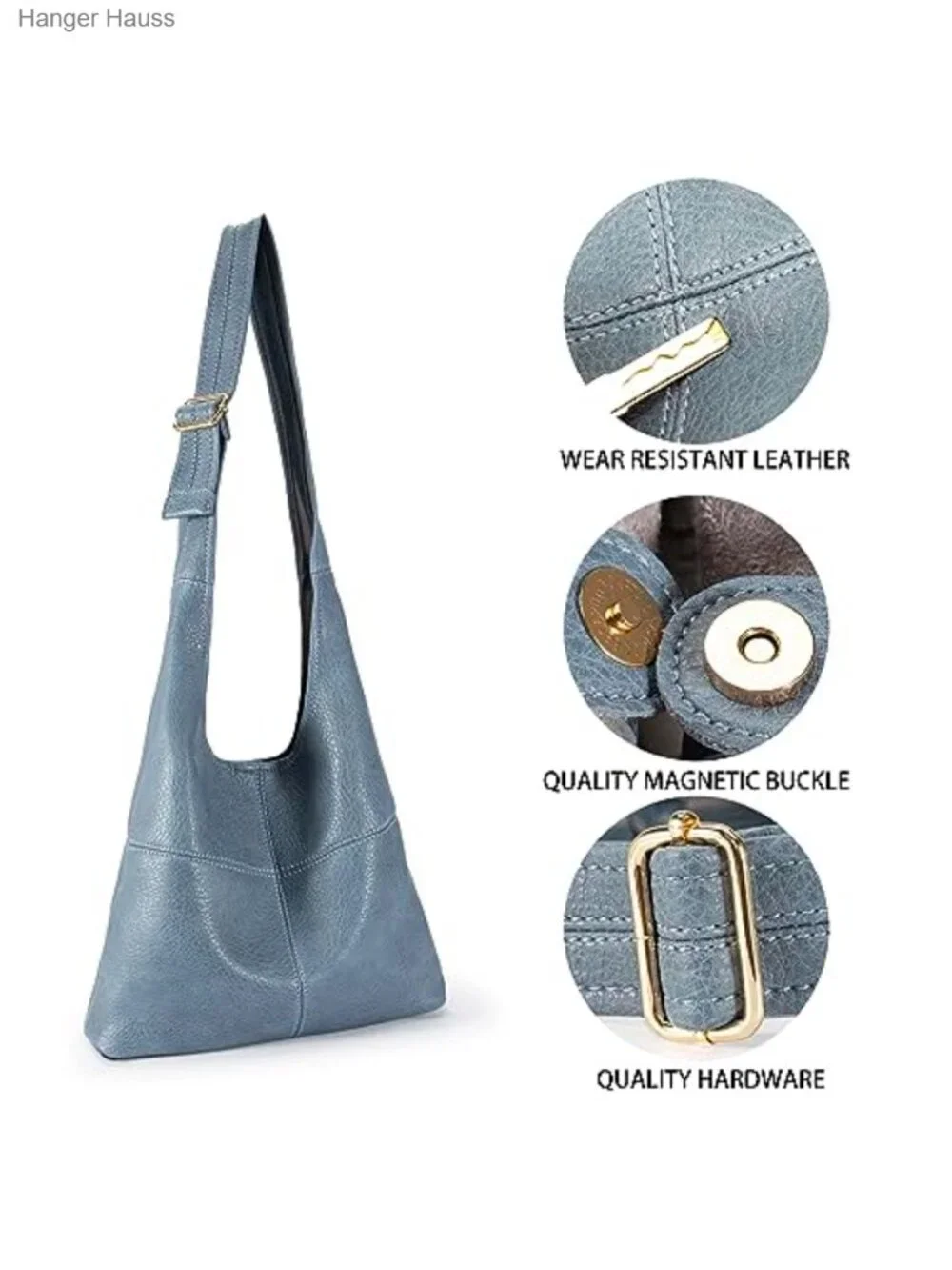 Vegan Leather Hobo Purse with Wristlet, Magnetic Closure, Adjustable Strap,
